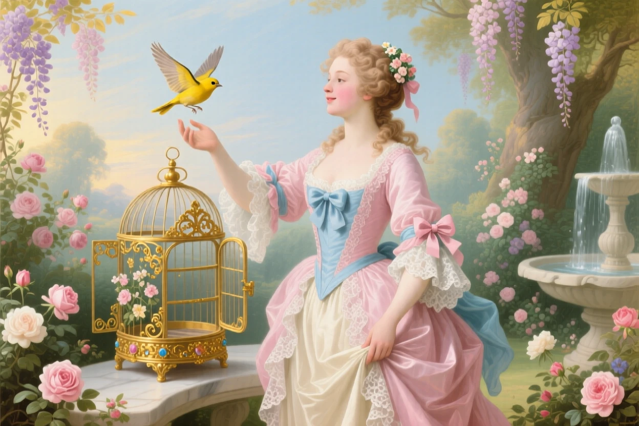A young woman releasing a songbird from an open gilded cage  