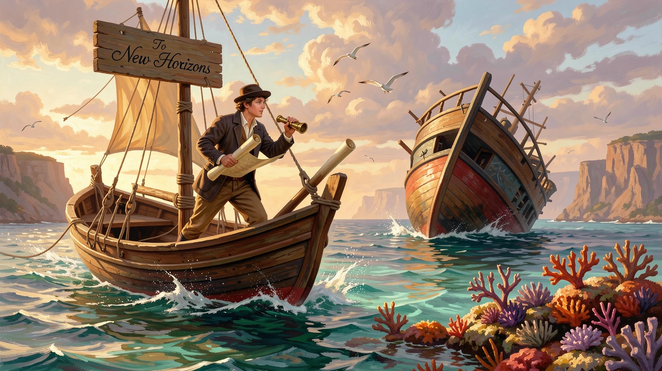 A young cartographer sails toward a sunken shipwreck on a coral reef after weeks of difficult travel.