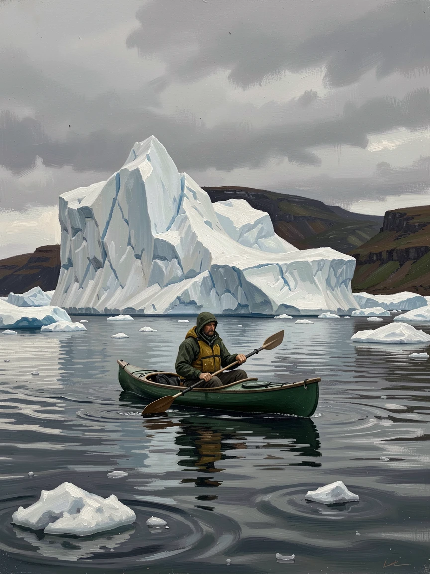 A kayaker gliding silently past massive icebergs in a polar fjord, with a sense of freedom and wonder evident in every detail, capturing the excitement, freedom, and wonder of travel