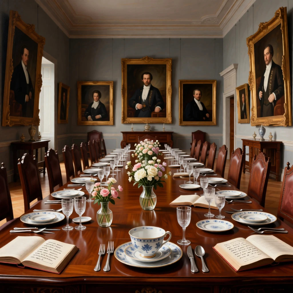A stately dining hall with a long table set beneath ancestral portraits resonating with the faint echo of distant footsteps, set within a palace built for generations of nobility, with fresh flowers, open books, and half-finished correspondence scattered about; a central vanishing point draws the viewer deep into the grand space, evoking timeless grandeur and quiet reverence.