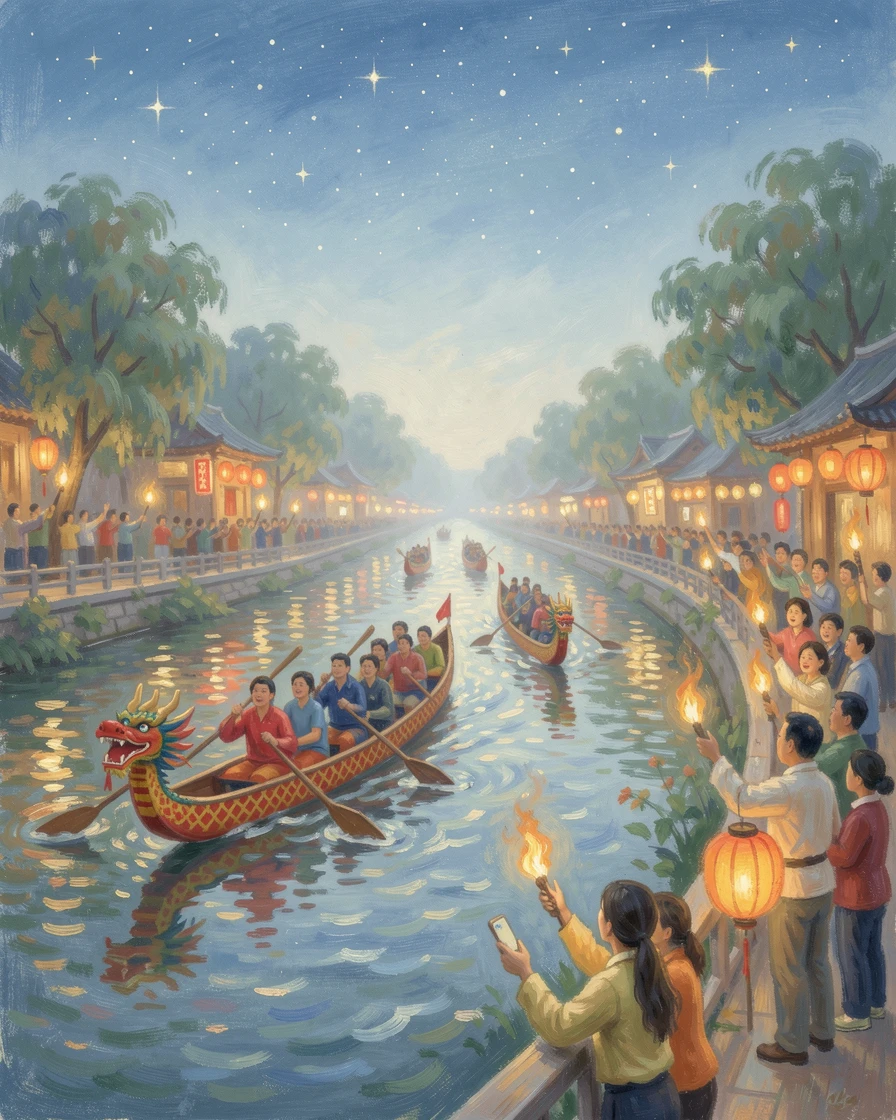 A traditional dragon boat festival on a river in southern China, colorful boats racing past cheering crowds, under a canopy of stars, filled with a cozy, comforting atmosphere.