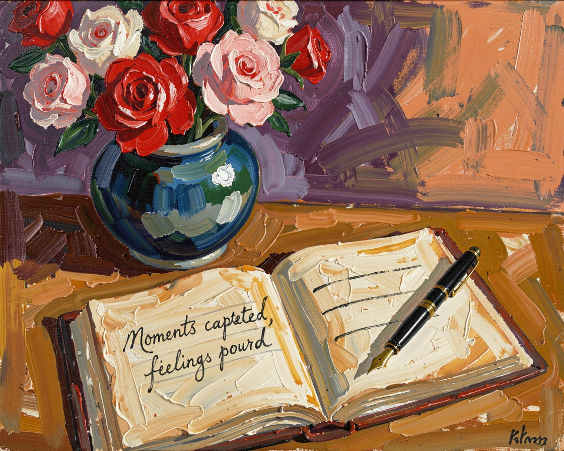 A vase of roses beside an open journal and a fountain pen resting on its pages.