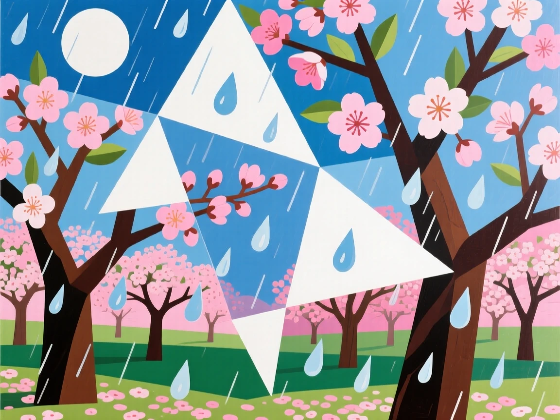 A gentle spring rain falling softly over a blossoming cherry orchard.
