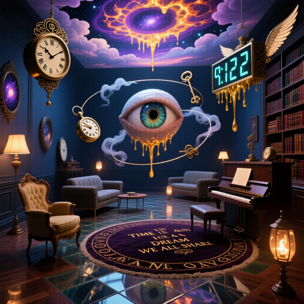 A room where furniture floats gently in slow, looping orbits stretches into a horizon that never quite arrives, as every clock within view shows a different, ticking hour.