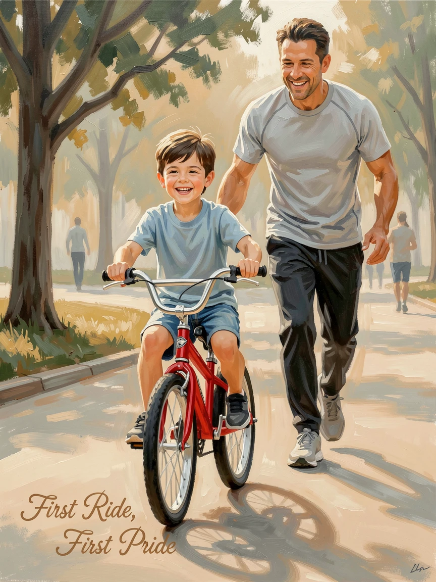 A young boy proudly rides his bicycle without training wheels for the first time, his father jogging alongside with an encouraging smile, background elements kept softly out of focus to keep attention on the human moment.