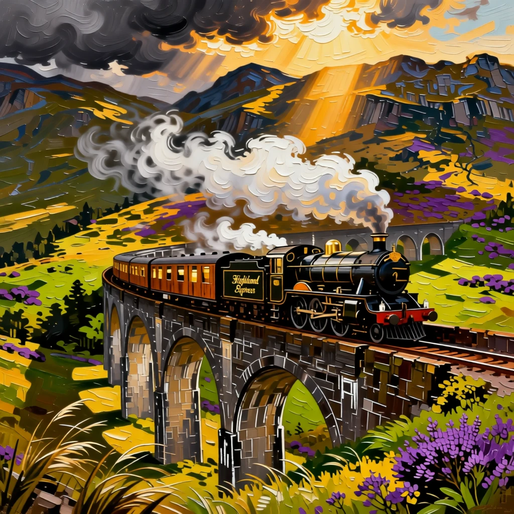 A vintage steam train crossing a dramatic viaduct in the Scottish Highlands
