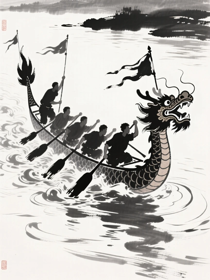 A brightly painted dragon boat cuts through the water during a river race, with flags fluttering from the boats' carved prows.