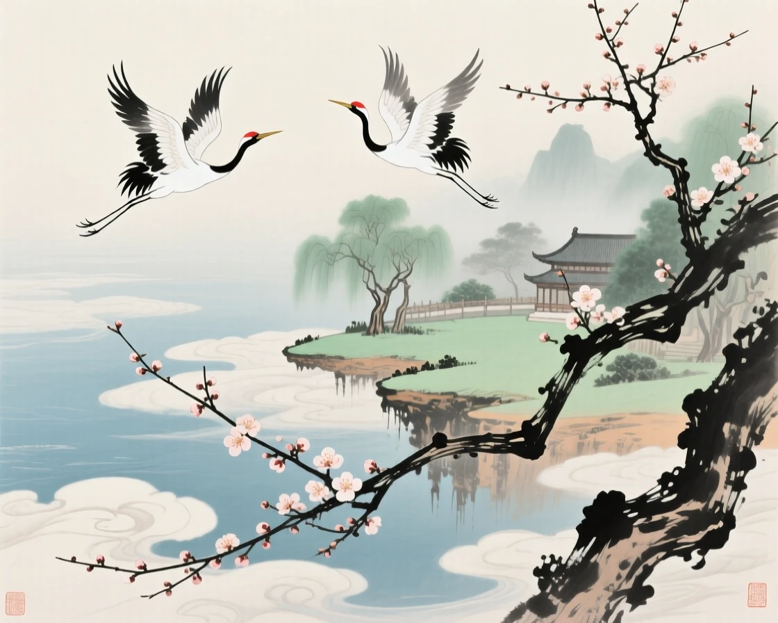 A celestial garden suspended above the clouds, reachable only by cranes, as the last plum blossoms cling to bare branches, imbued with timeless calm.