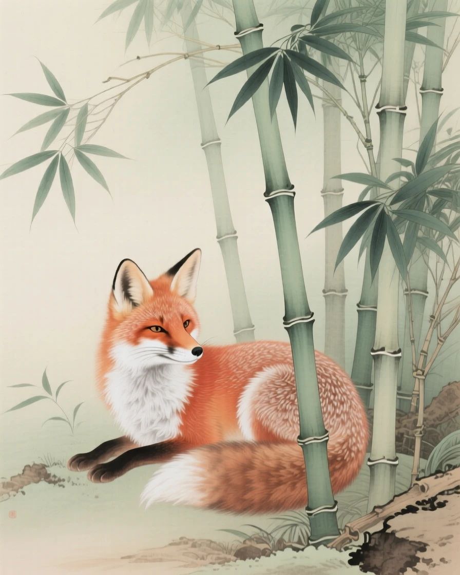 A fox nestled among bamboo stalks