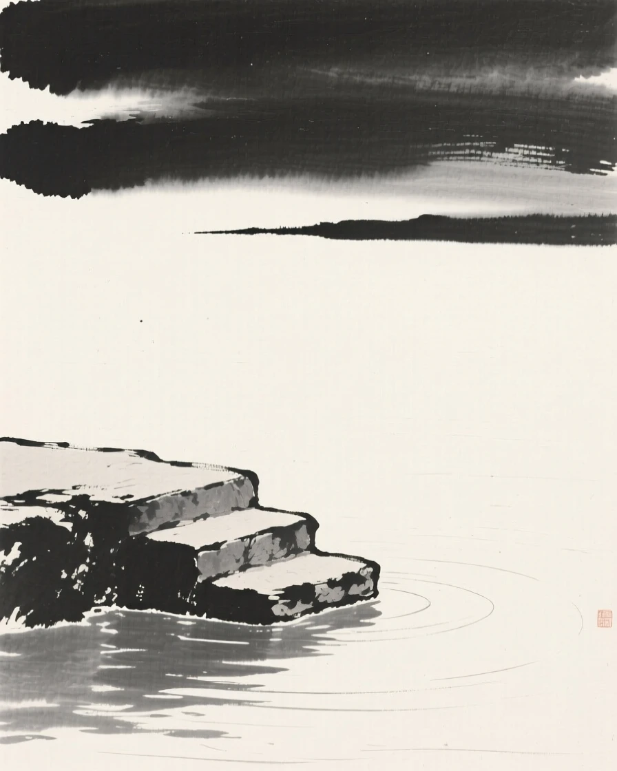 A single stone step leading into still water beneath a wide and silent sky, composed with vast open space to emphasize solitude, suggesting quiet longing and gentle stillness.