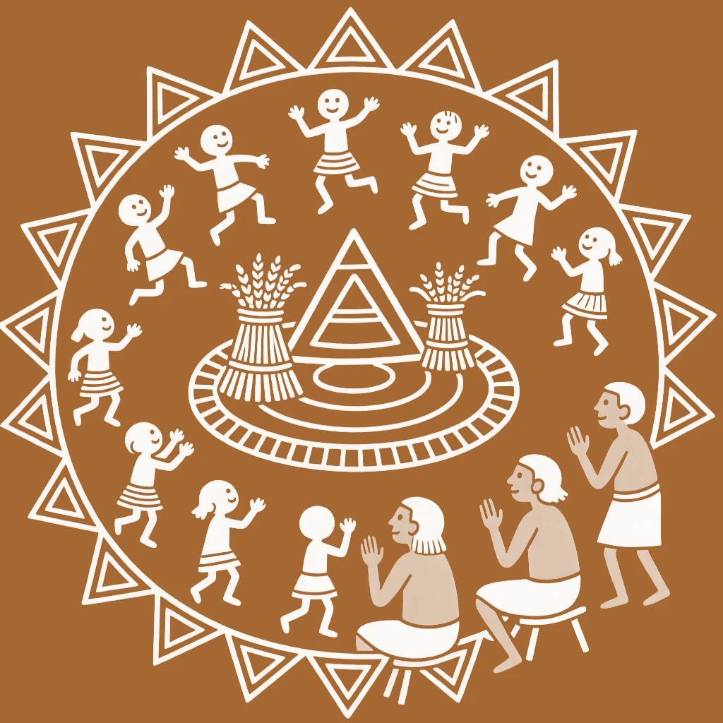 A composition centered on a harvest altar ringed by children playing and elders watching.