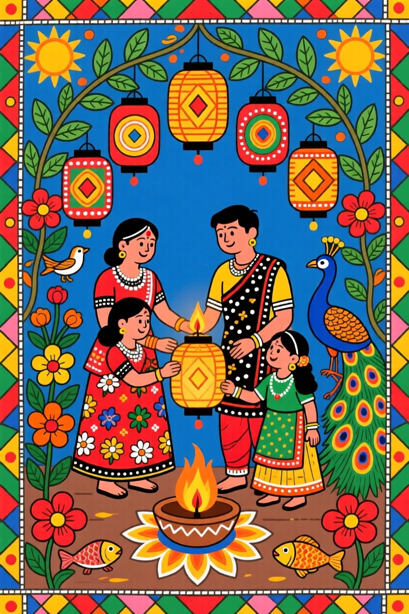 A family lighting lanterns together to mark a joyful homecoming.