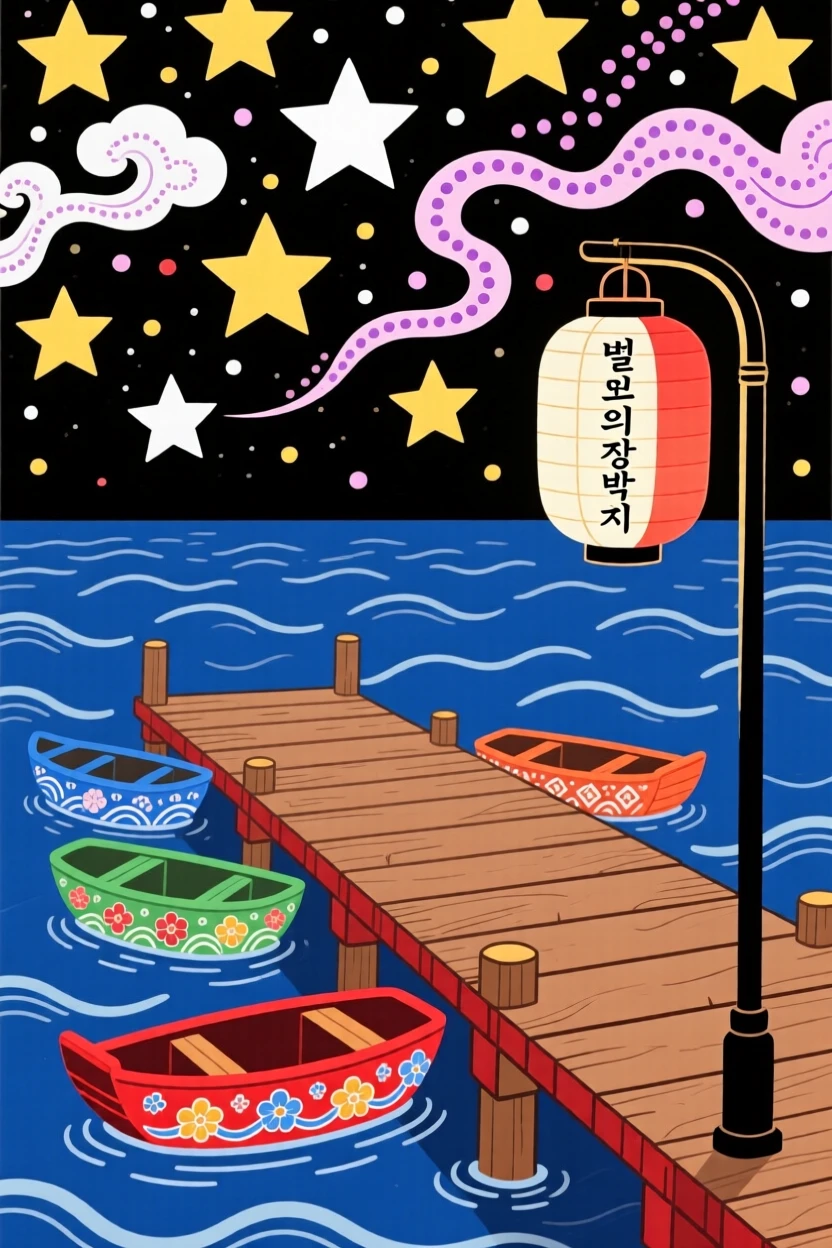 A quiet celestial dock where small boats drift gently among the stars.