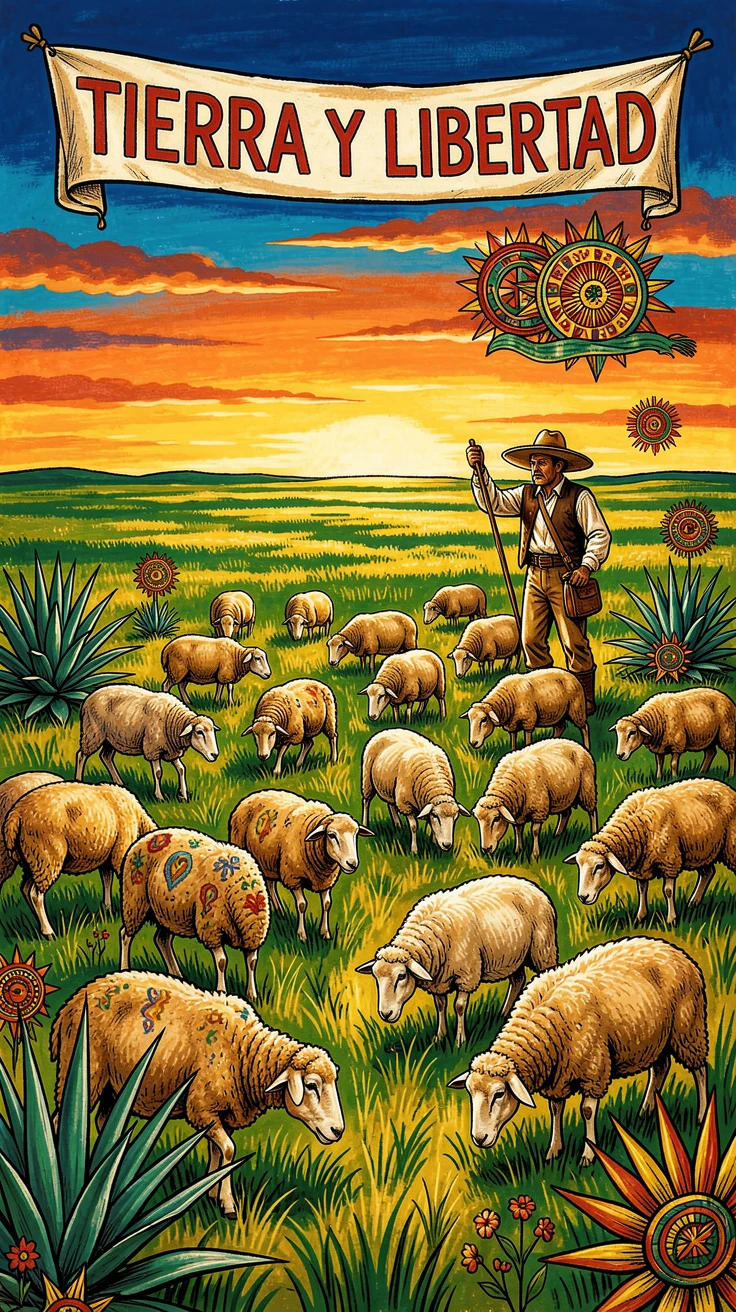 A country field dotted with grazing sheep under a wide sky