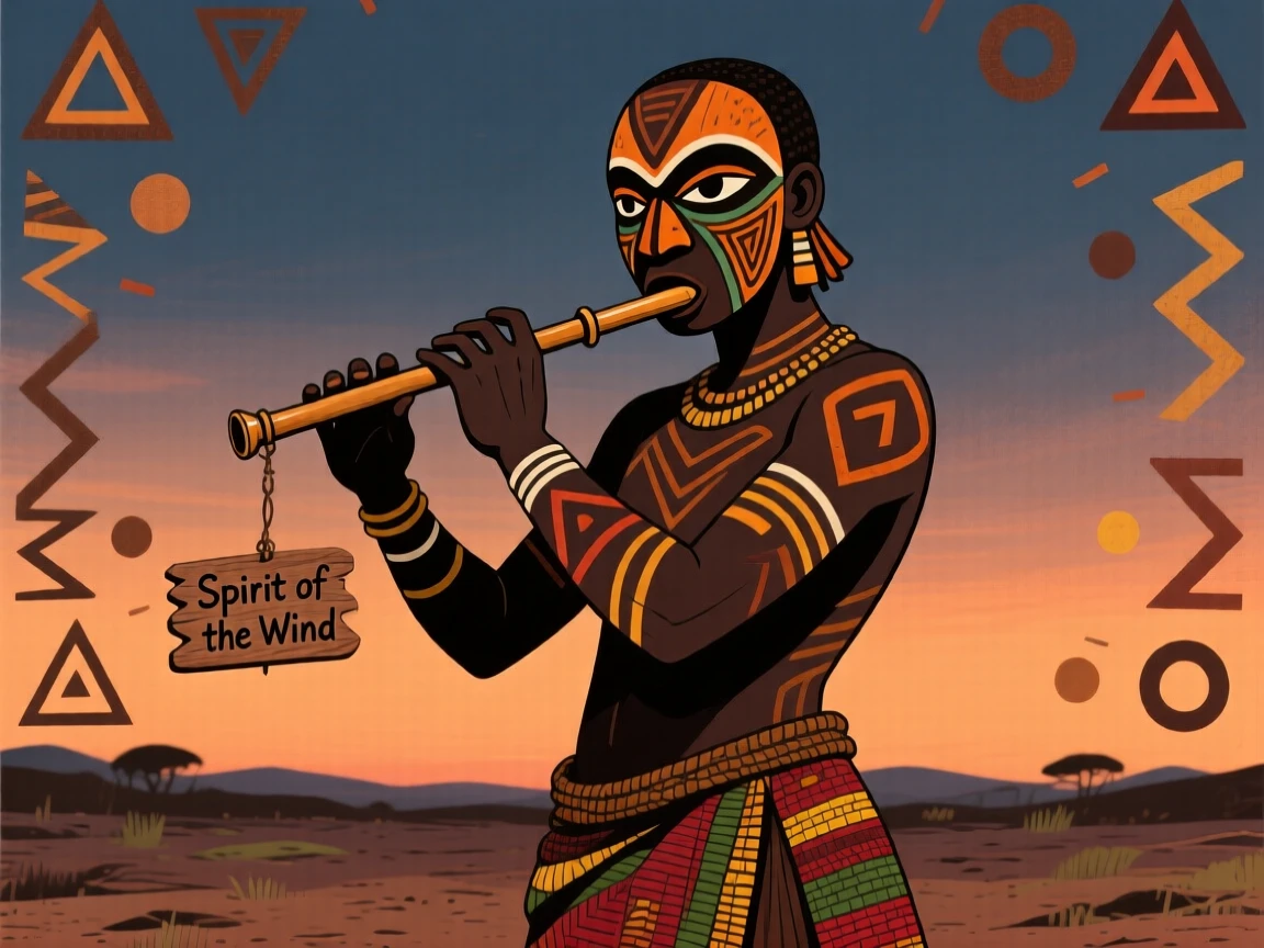 A lone flutist playing a haunting melody at dusk.
