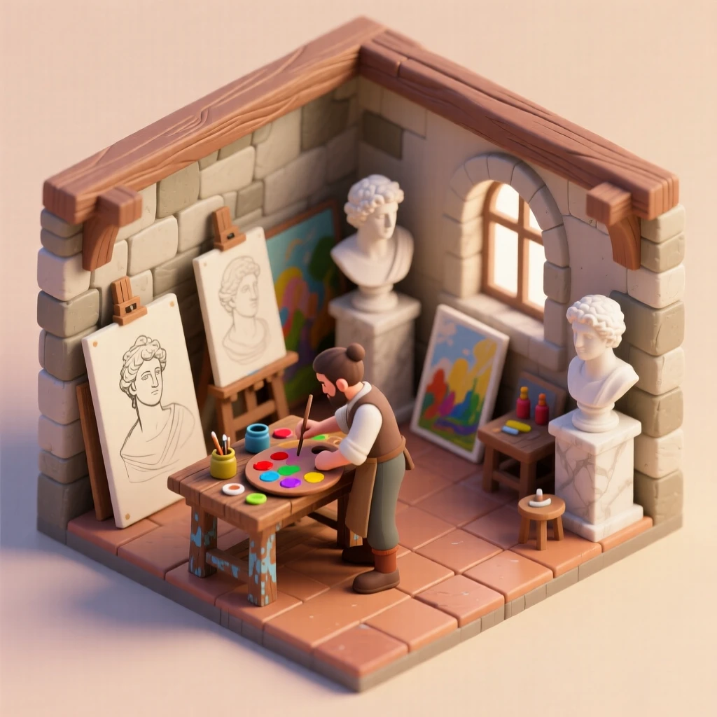 A medieval Italian Renaissance workshop with an artist mixing pigments, canvases leaning against the wall, and marble busts nearby.