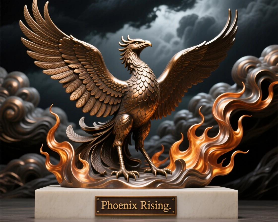 A majestic phoenix rising from flames, framed by dramatic storm clouds, radiating awe and grandeur