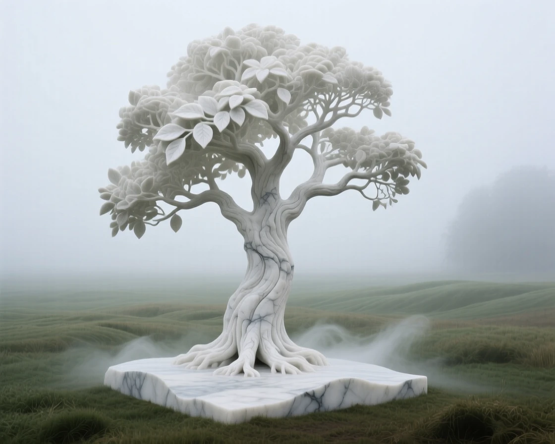 A vivid, emotionally rich scene of a solitary tree standing in a misty field, captured with cinematic depth and detail, designed to captivate and inspire