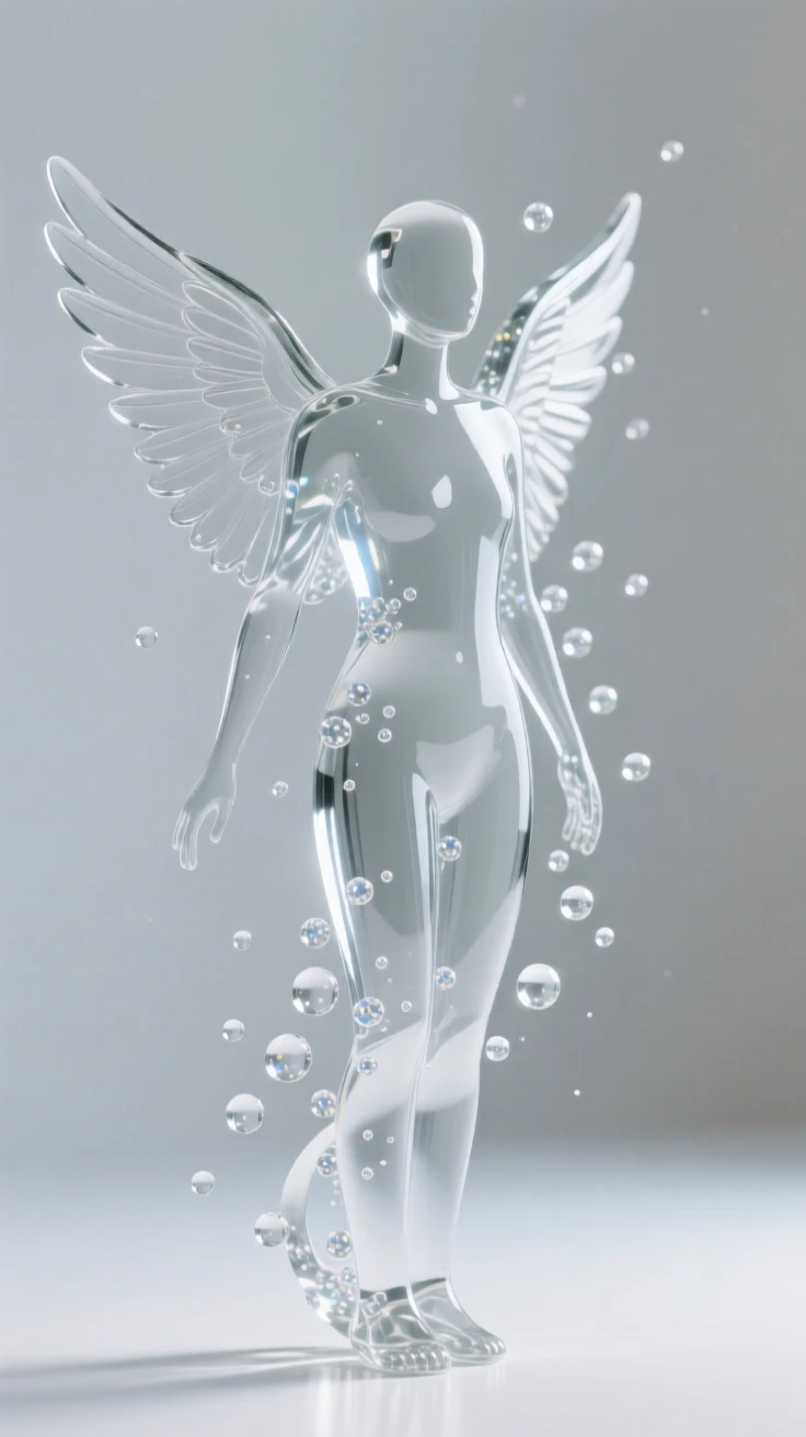 As tiny particles of light rise slowly upward, a pair of wings unfurling from a simple human silhouette