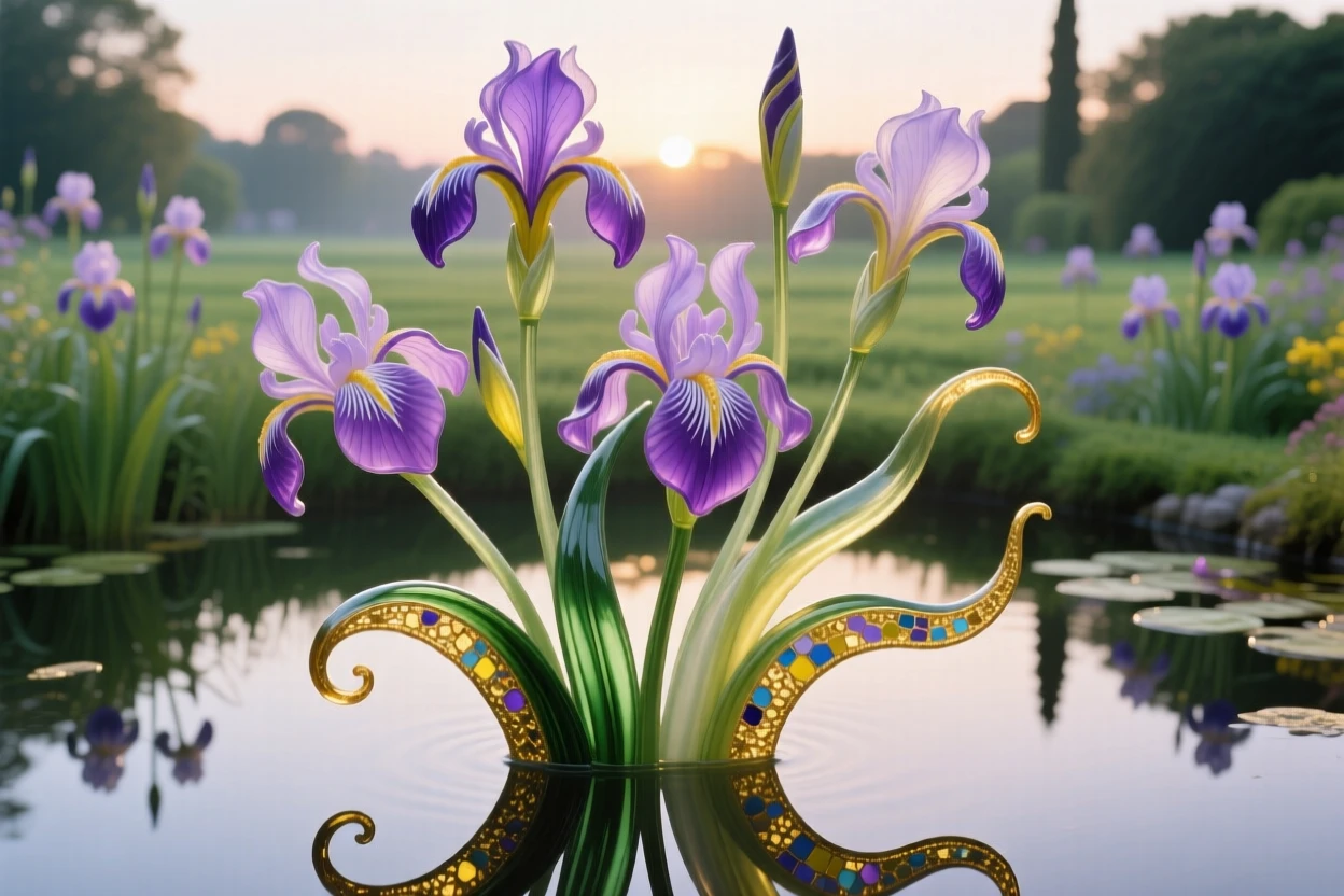 A field of blooming irises reflected perfectly in the stillest garden pond at dawn, elegant and serene.