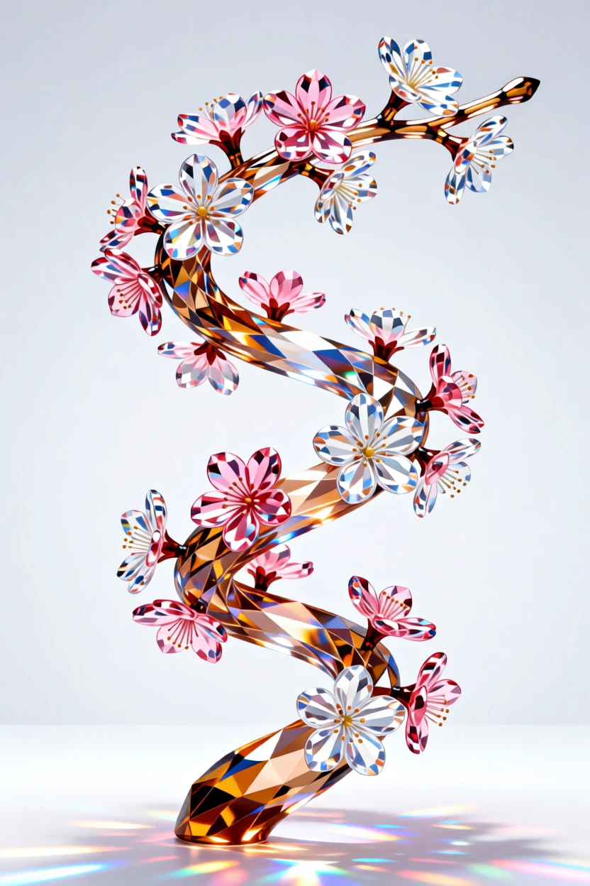 A surreal spiral of blooming cherry blossoms cascading from a floating branch.