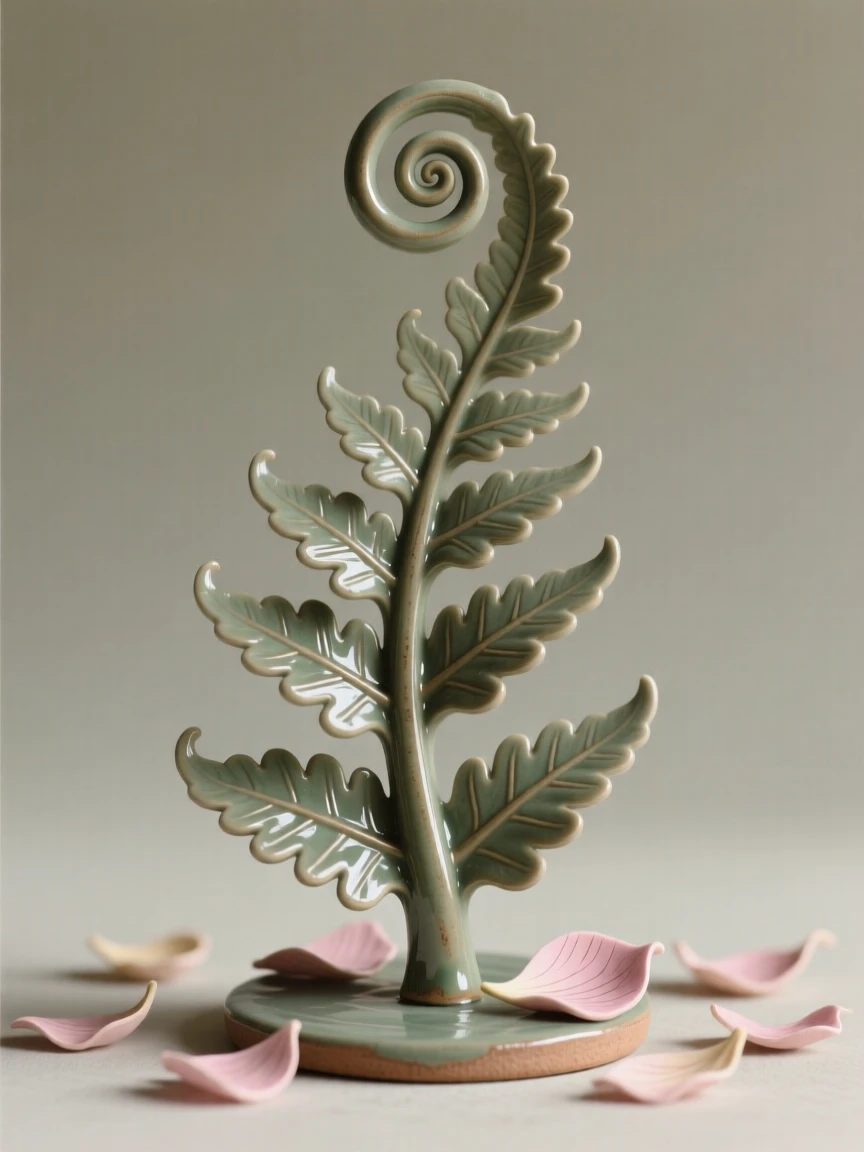 A spiraling fern unfurling a new frond reaching upward in quiet aspiration, surrounded by scattered fallen petals, radiating freshness and natural elegance.