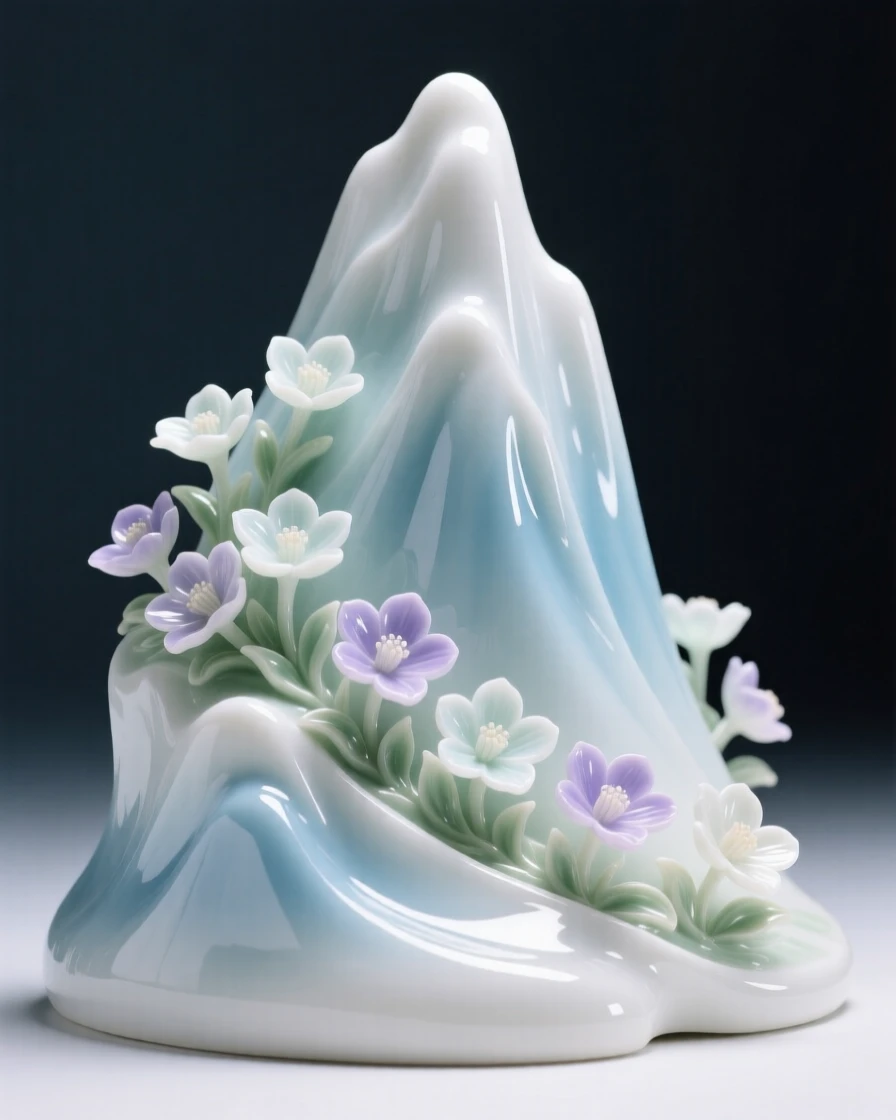 An imaginative vision of a mountain that blooms with flowers made of light, radiating a hushed, storybook wonder.
