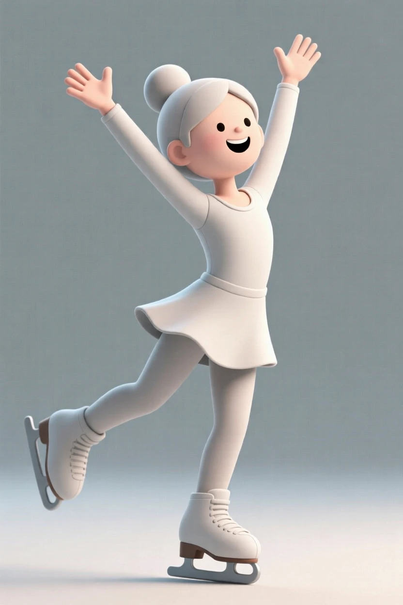 A determined young figure skater lands a jump for the very first time, arms thrown up in triumph.