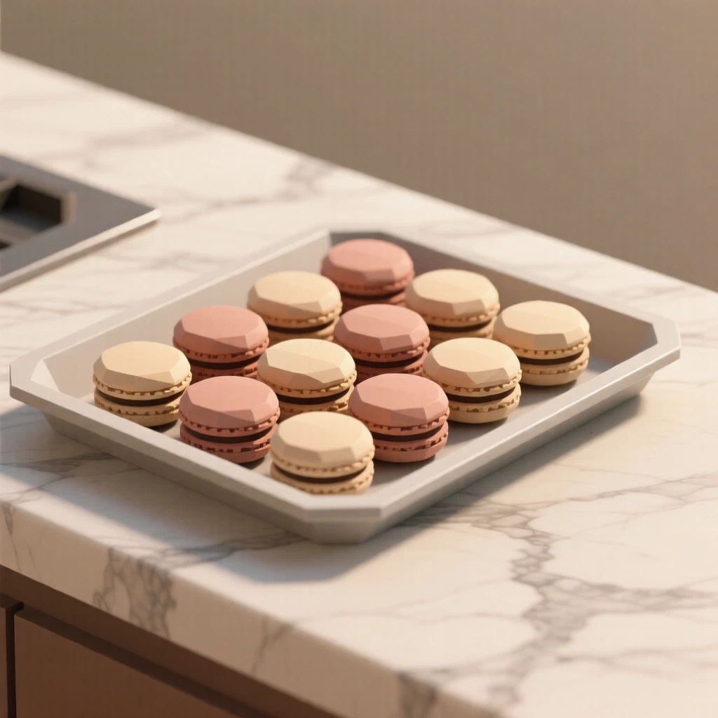 A tray of colorful macarons, on a marble countertop. a shallow depth of field keeps focus on the food. The scene feels warm and comforting.