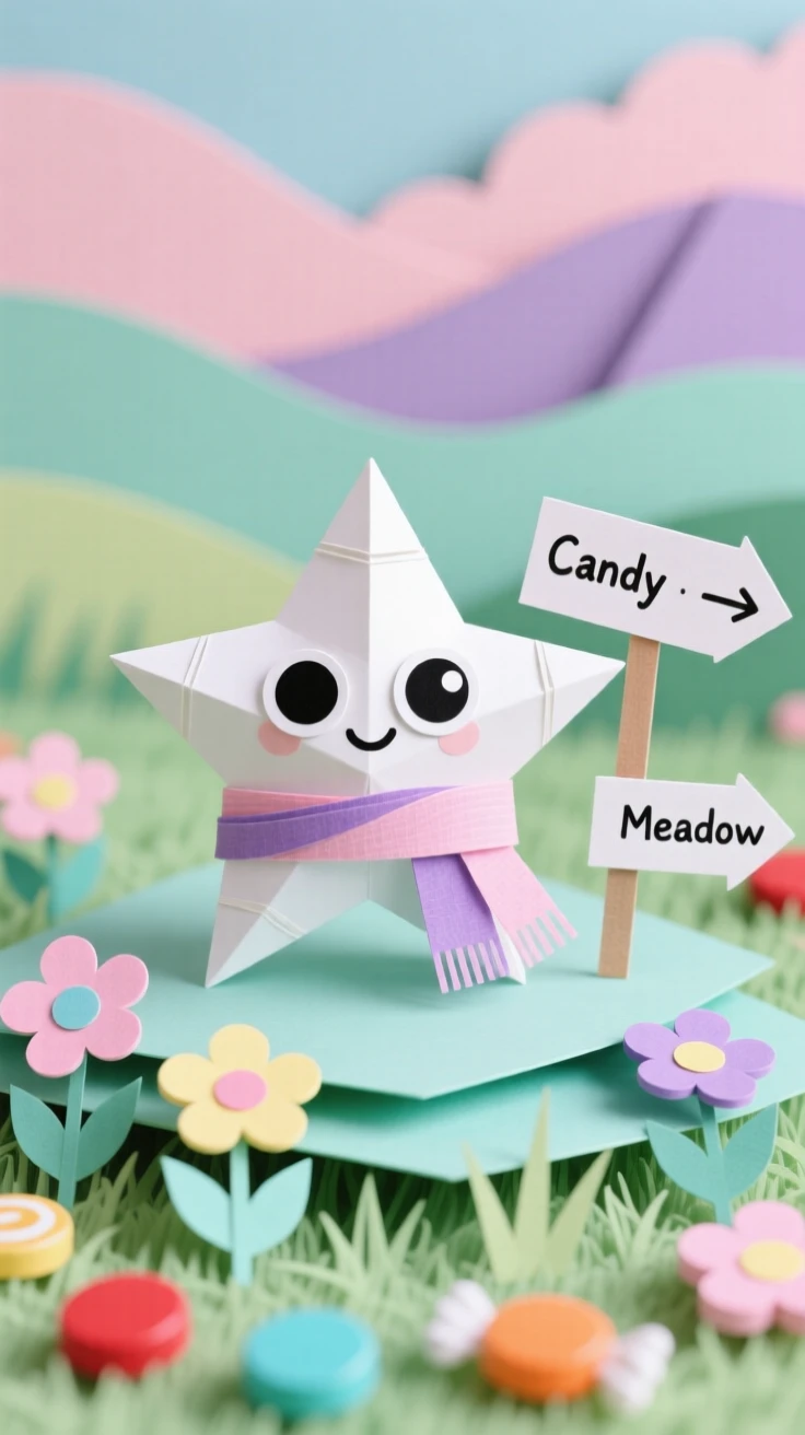 A tiny star-shaped creature exploring a miniature candy-colored meadow, with a tiny scarf fluttering in the breeze, evoking whimsical charm and gentle humor.
