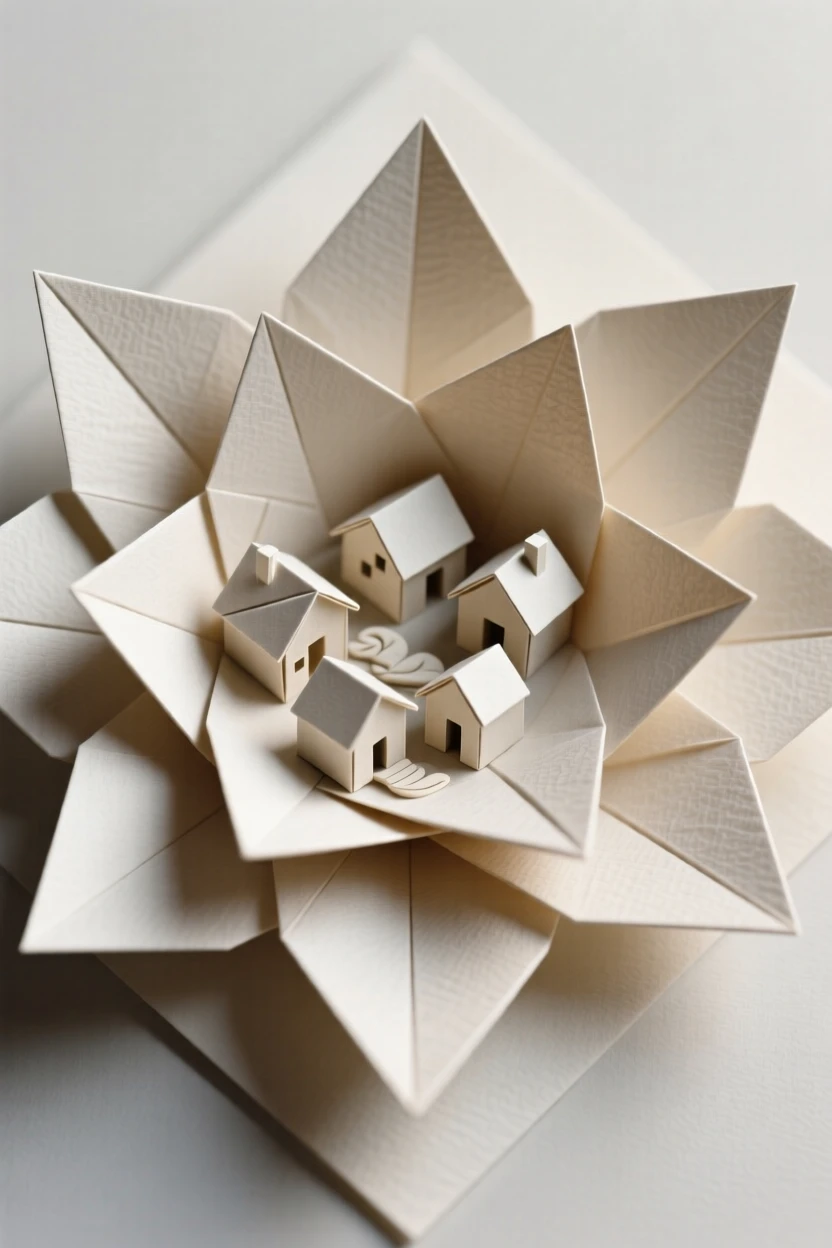 A single flower whose petals unfold to reveal a miniature sleeping village inside.