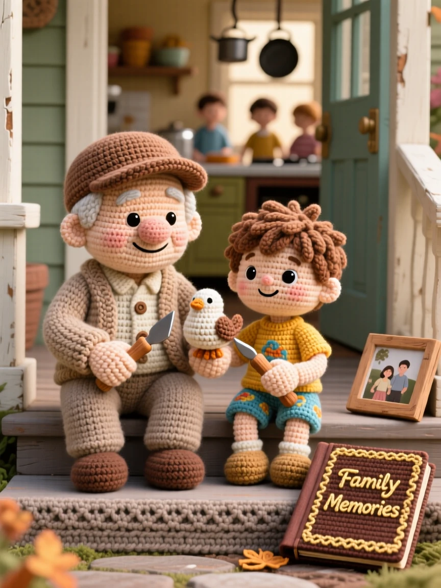a grandfather teaching his grandson to whittle wood, sitting together on a porch step, carving a small figure side by side, in a bustling family kitchen on a weekend morning, with a worn but beloved family photo album, radiating deep, unconditional love and togetherness.