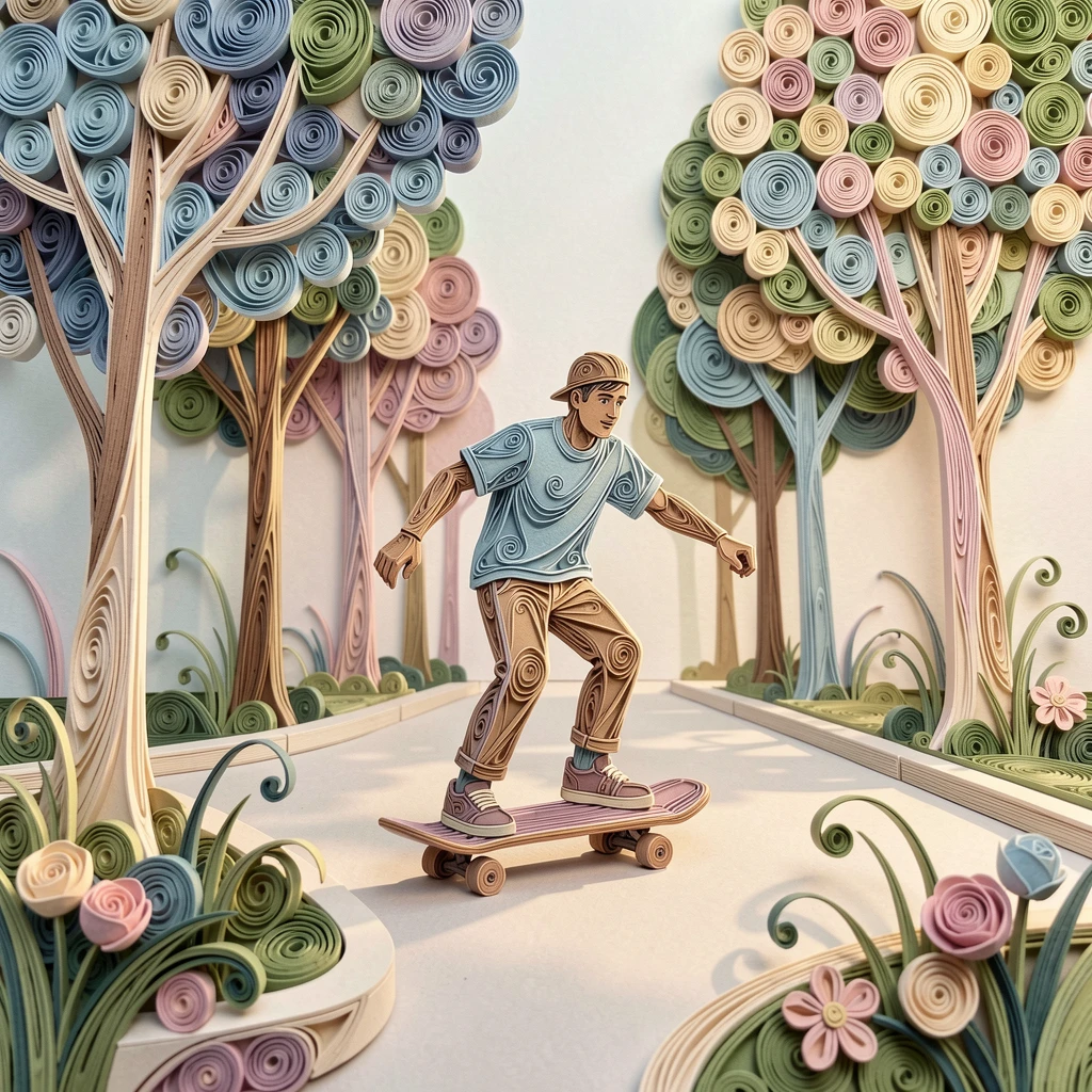 a skateboarder gliding through a sunlit urban park, on a quiet tree-lined city street, composed with clean modern lines and open space, in a calm, soothing palette of muted pastels.