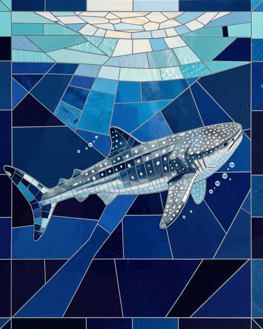A vivid underwater scene of a graceful whale shark gliding through deep blue open water, rich in color and serene movement.