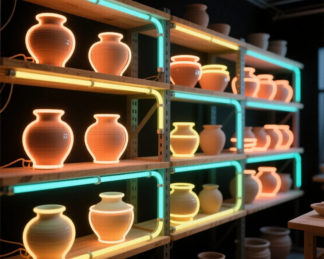 A ceramics studio with rows of pottery drying on wooden shelves.