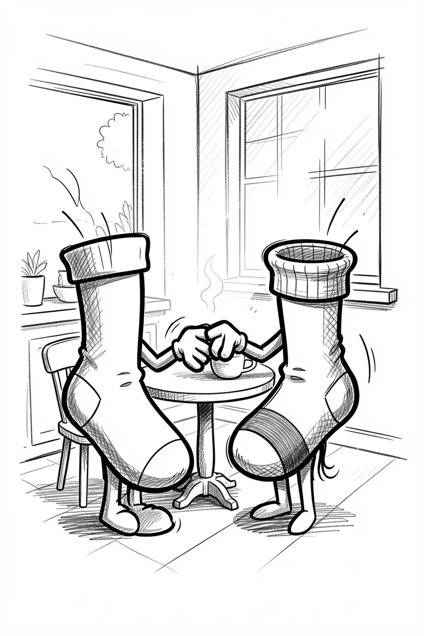 A pair of mismatched socks holding hands in a bright breakfast nook.