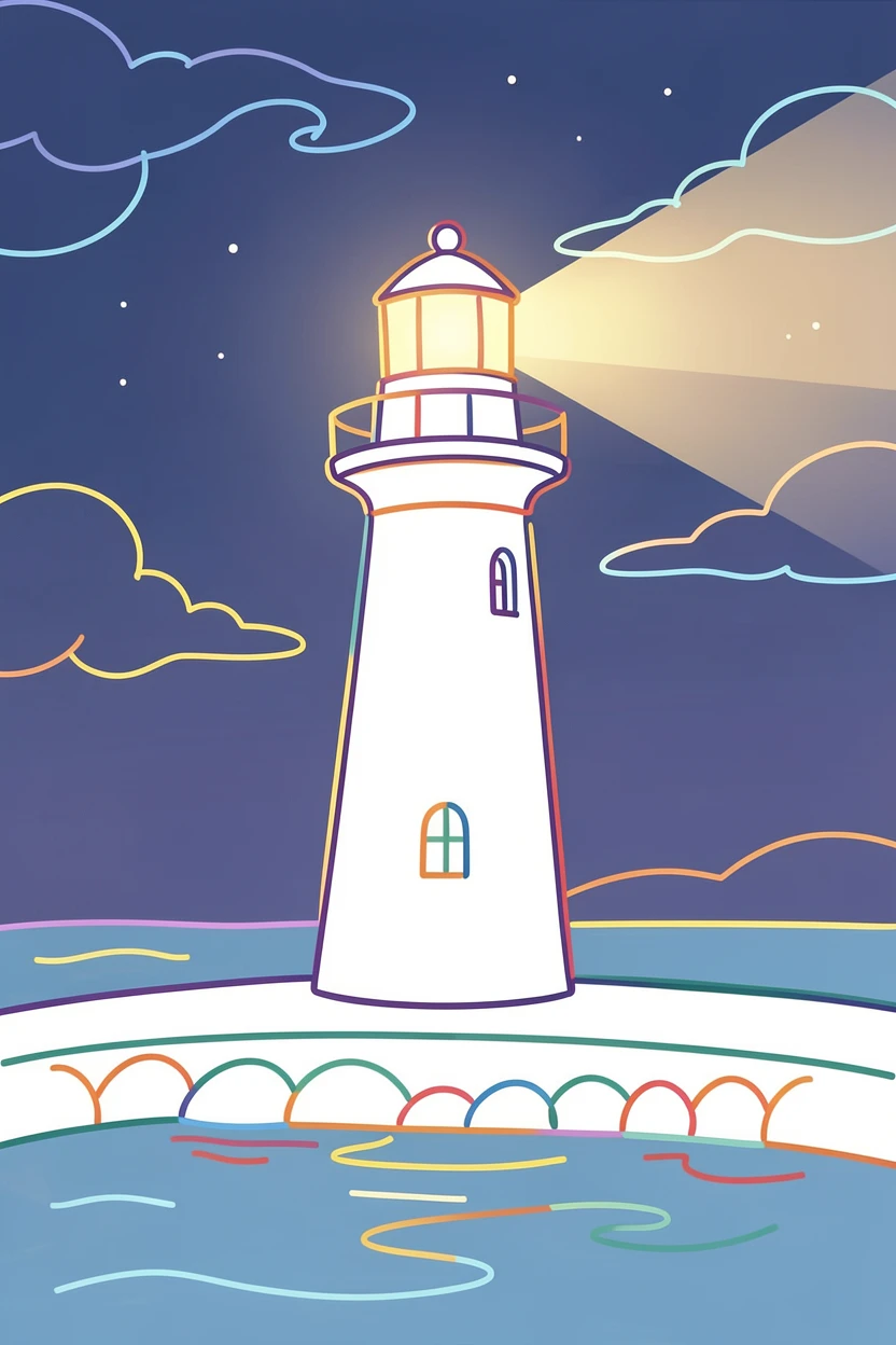A quiet harbor lighthouse glowing against a deep twilight sky.