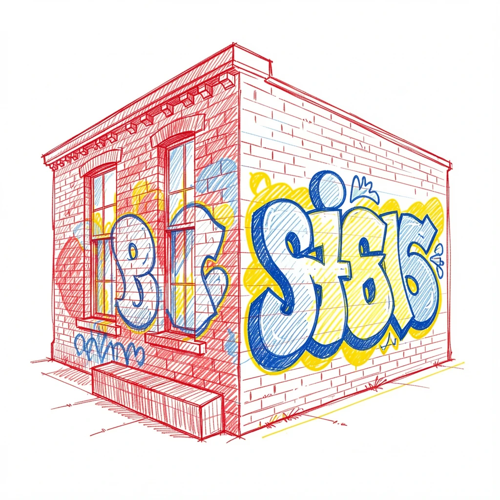 A vibrant street art mural covering the side of an old brick building