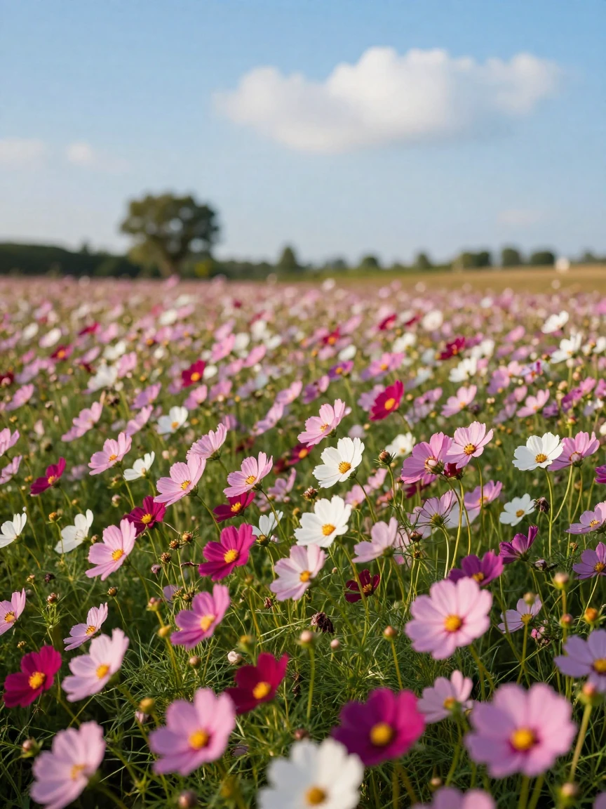 A field of cosmos flowers swaying in a gentle breeze