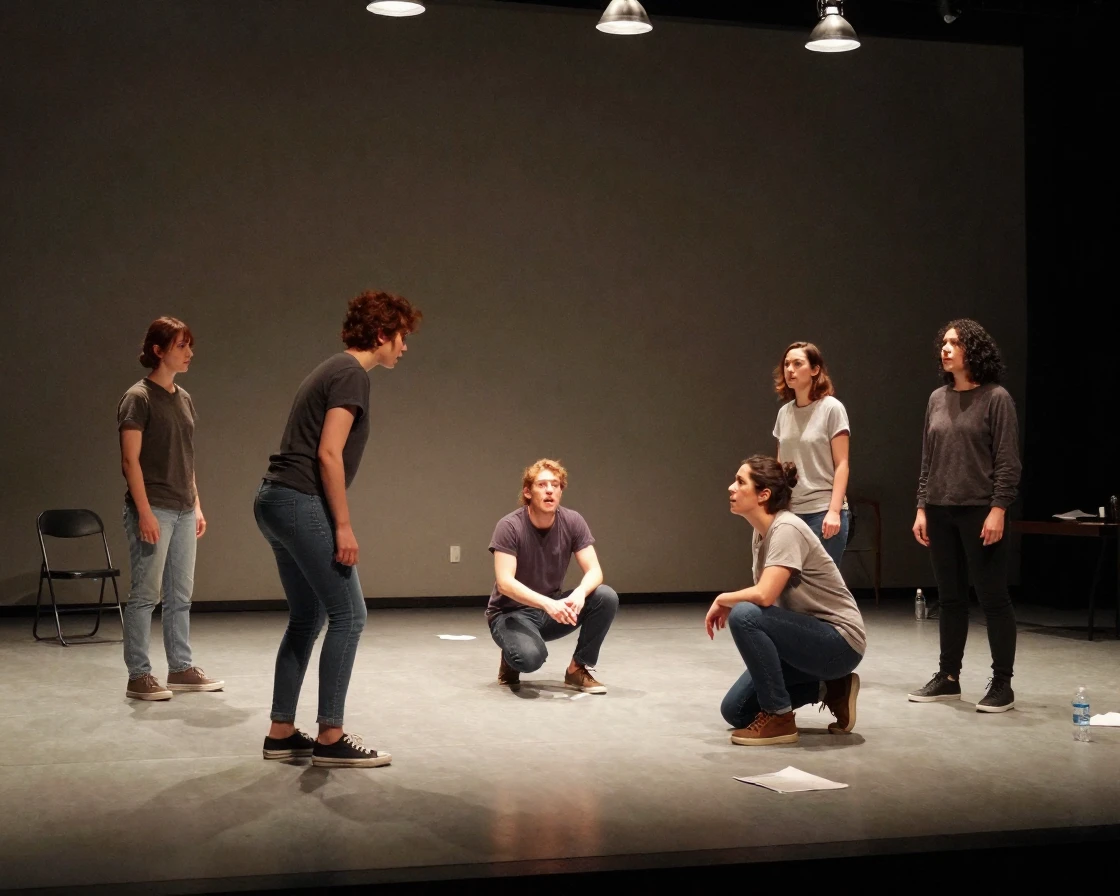 A theater troupe rehearses a dramatic scene on a bare stage lit only by work lights.