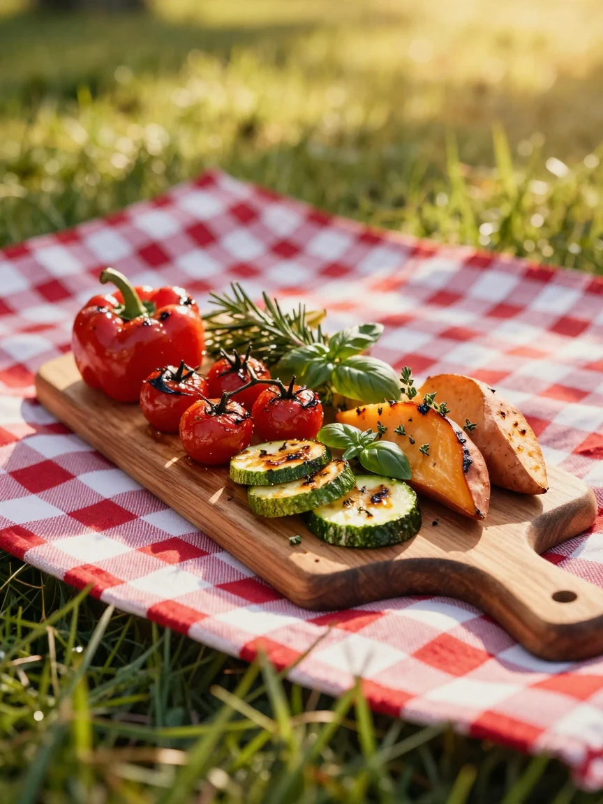 A wooden board loaded with roasted vegetables and herbs on a checkered picnic blanket