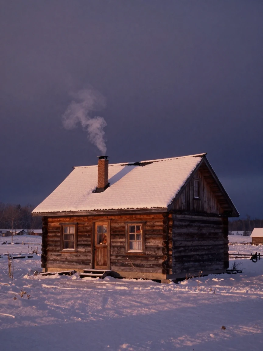 A cozy cabin with smoke curling from its chimney in falling snow, under soft golden-hour light, under a darkening storm sky, in winter, in dusty lavender and rose tones, at eye level, intimate and direct.