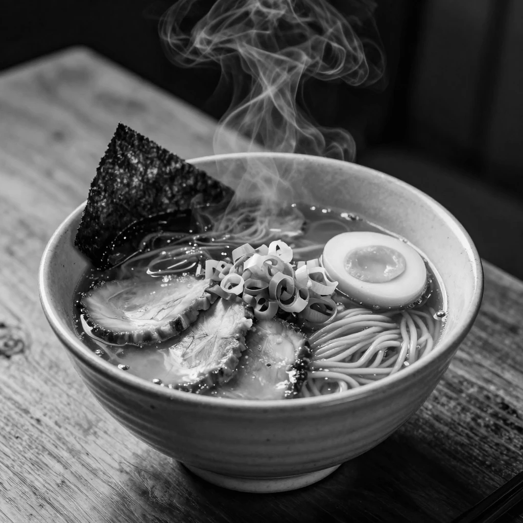 A steaming bowl of ramen sits ready to be served on a rustic wooden table.