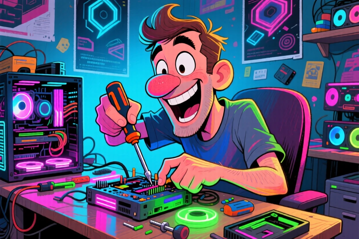 A man building a PC setup, RGB lights glowing across his desk.