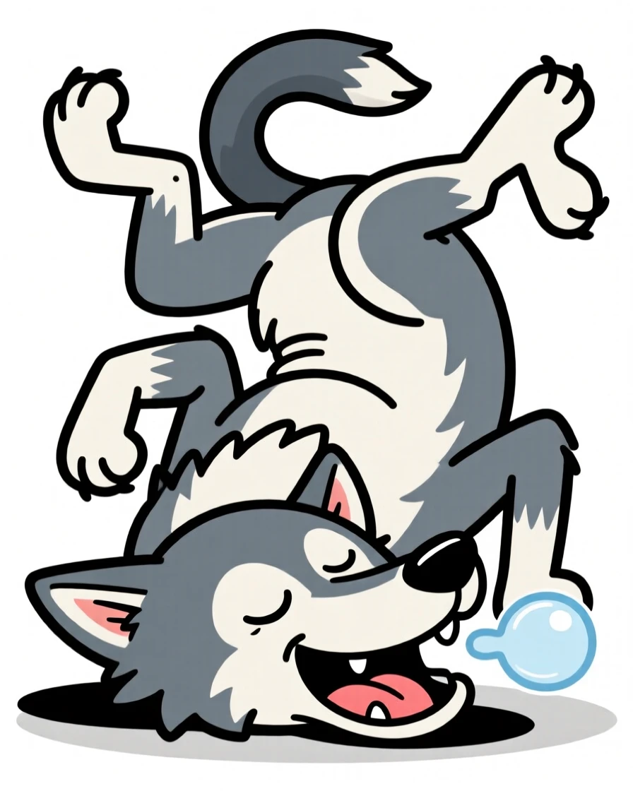 A charming animal moment featuring a majestic wolf napping in the most improbable position imaginable, with an exaggerated, comically expressive face.