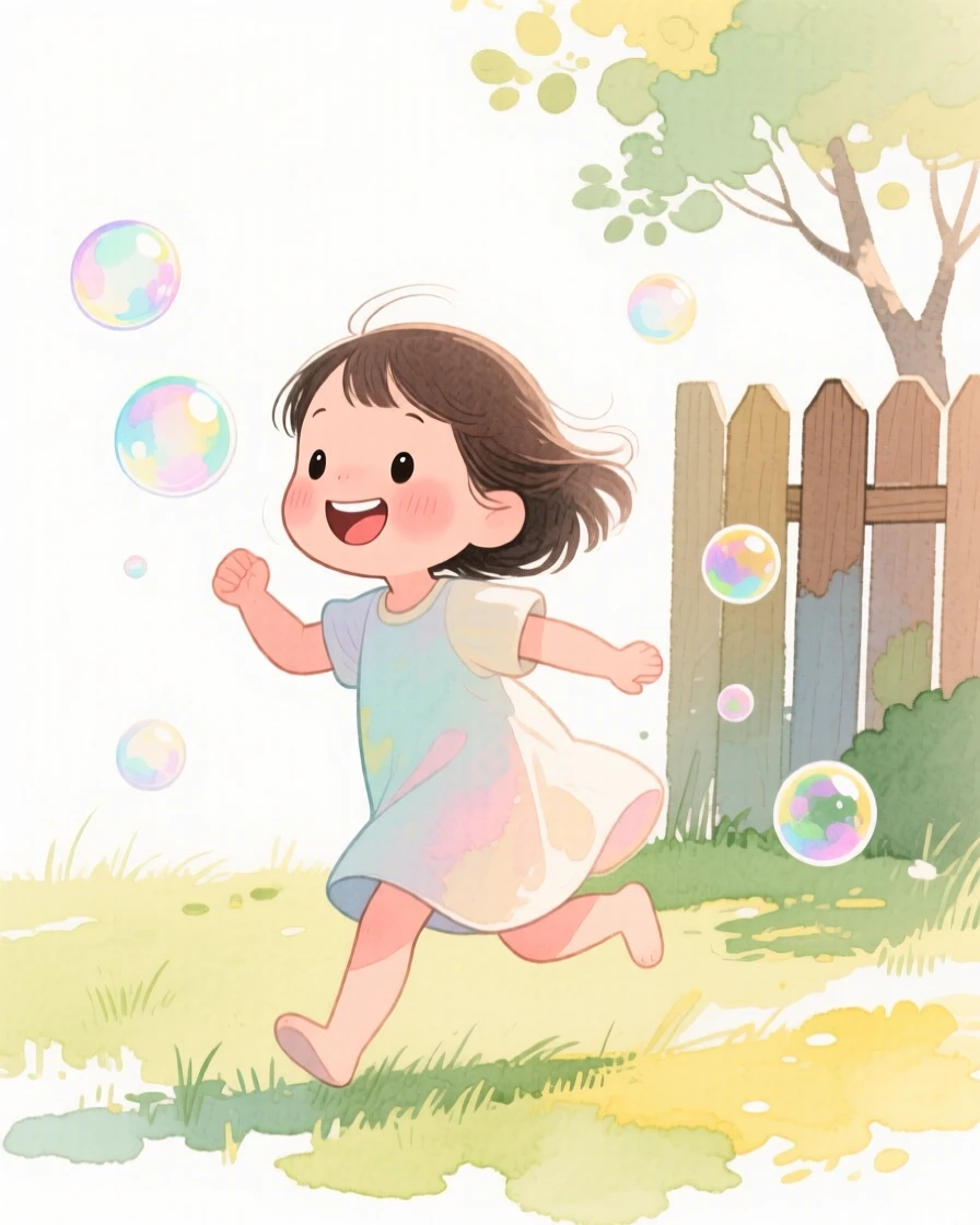 A heartwarming scene of a little girl chasing bubbles in a sunny backyard