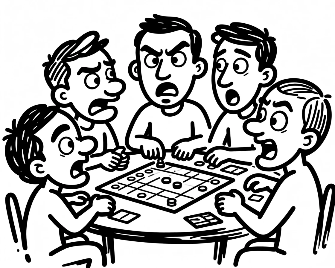 Friends gathered around a table deep in a tense, exciting board game night.