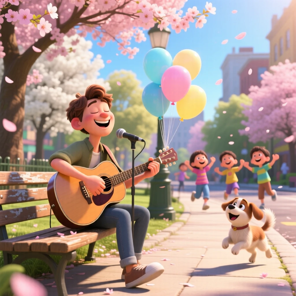 A musician playing joyfully on a street corner unfolds in a sunlit park filled with blooming trees, with balloons floating gently upward. Pure joy and warmth radiate from the scene.