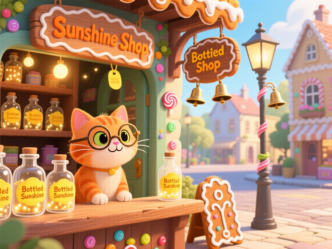 A cat wearing tiny spectacles delights in keeping a shop that sells bottled sunshine, tucked within a town square made entirely of gingerbread, while soft chimes ring from unseen bells.