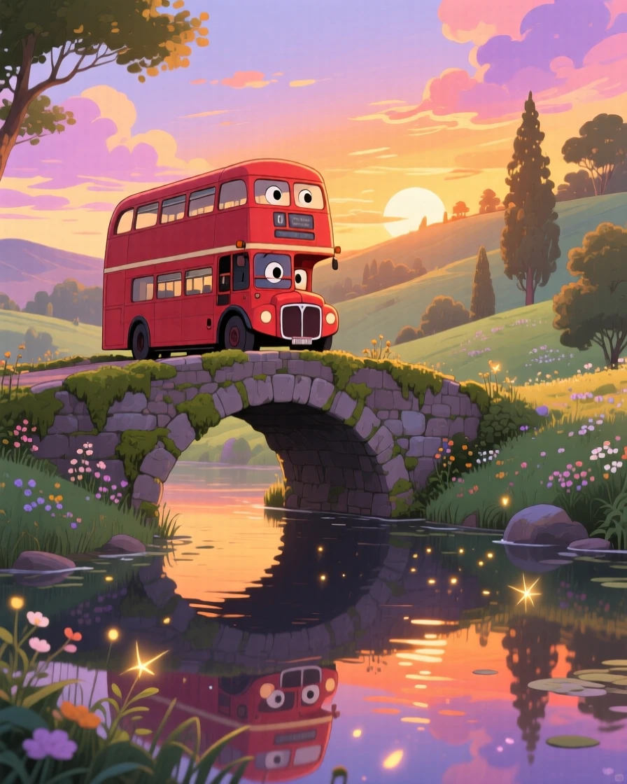 A charming scene of a red double-decker bus crossing a bridge at sunset, reflected in the still water below.